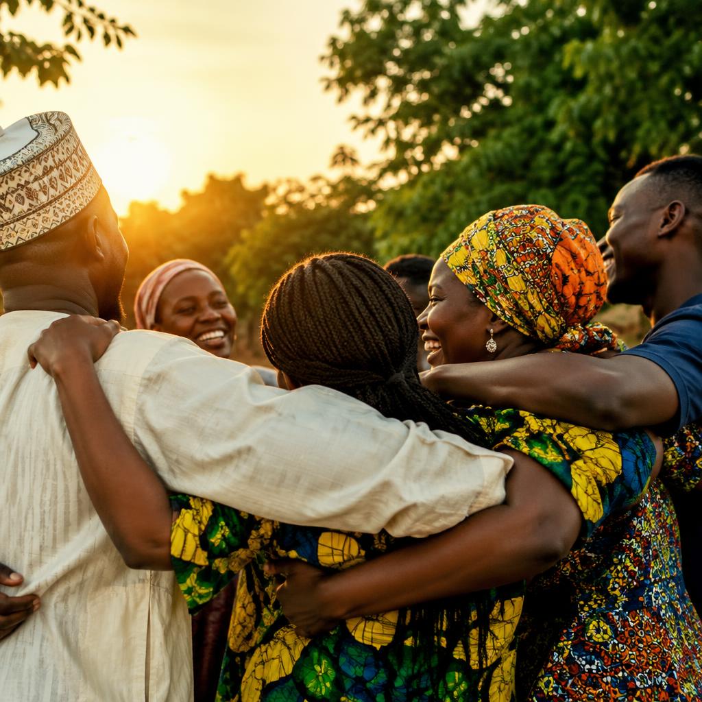 Community members embracing at sunset