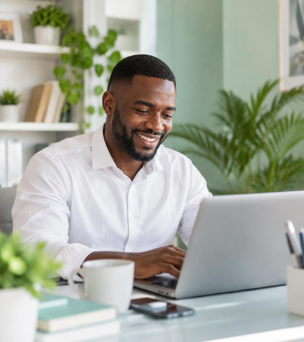Smiling group treasurer working on a laptop